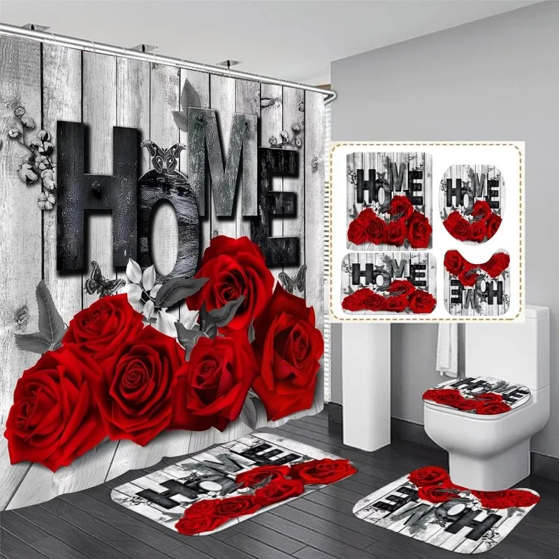 1/3/4pcs Red Rose Set, Waterproof Curtain With 12 Hooks, Non-Slip Bathroom Back, U-Shape Mat, Toilet Lid Cover Pa