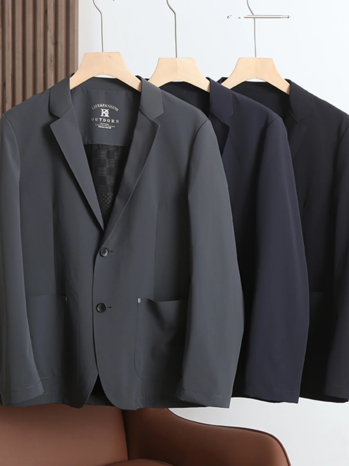 

Qui Dry Four Sided High Elastic Busin Casual Men's Suit Jaet Faionable Autumn Stand Fit Long Sve Pure Color