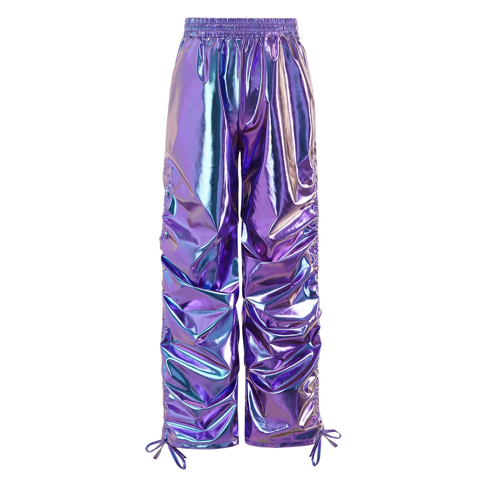 

Unisex Childrens Hip Hop Jazz Dance Pants Metallic Drawstring Elastic Waist Ruched Straight Leg Trousers with Pockets Streetwear