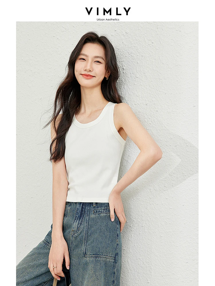 Vimly White Knit Tank Top for Woman 2024 Spring Summer High Strecth Slim Fit Sleeveless Solid Basic Tops Women\'s Clothing M6698