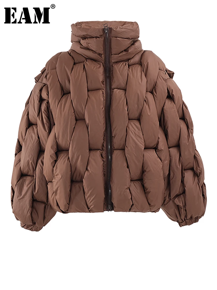 [EAM] abrigo acolchado de algodón grueso marrón de talla grande para mantener el calor Parkas de manga larga para mujer moda nueva tendencia Otoño Invierno 2026 CP3464