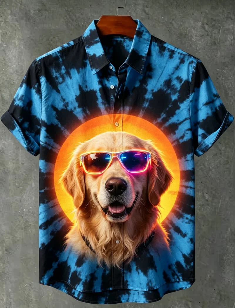 

Men's Tie Dye Neon Animal Print Short Sleeve Shirt, Suitable For Street style, Daily Casual And Summer Wear