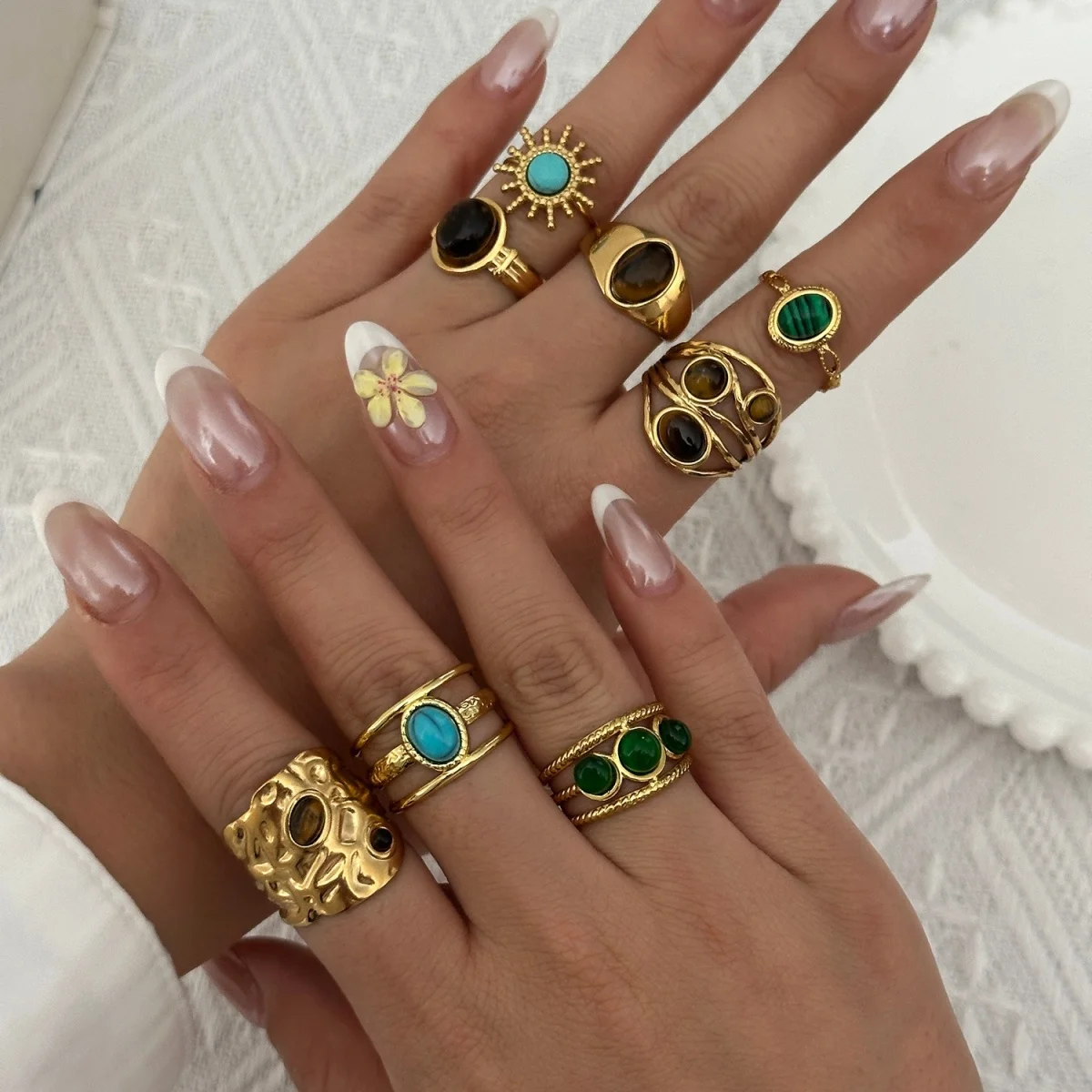 Retro-Ringe mit unregelmäßigem Lava- und Tigerauge-Stein für Damen und Herren, Edelstahl, geometrische Textur, Fingerring, ästhetischer Schmuck – Detail 4