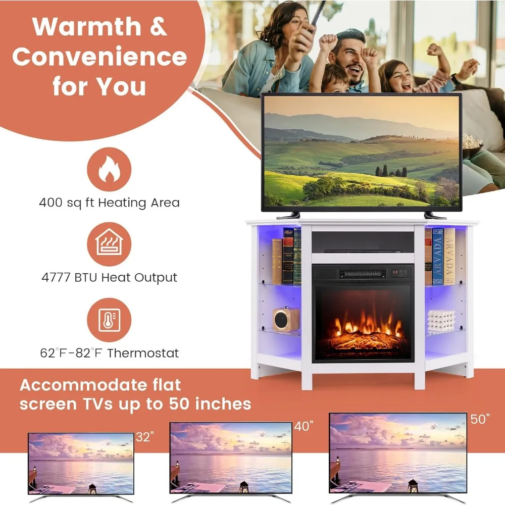 Soporte para TV con chimenea de esquina, centro de entretenimiento con chimenea eléctrica con inserto calefactor, luces LED