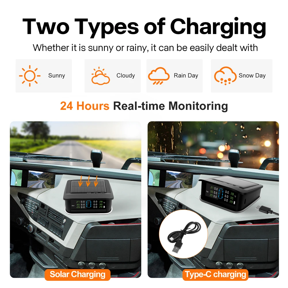 Tire Pressure Monitoring System with 6 Sensors USB/Solar TPMS (External)