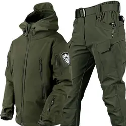 Conjunto de ropa deportiva táctica para exteriores para hombre, chaqueta impermeable con capucha y pantalones cargo, camuflaje táctico y colores sólidos