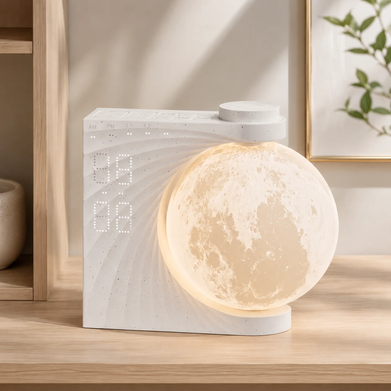 

Romantic Moon Lamp Bedside Speaker RGB Atmosphere Night Light with Sunrise Wake-up Alarm Clock Gift for Bedroom Decor