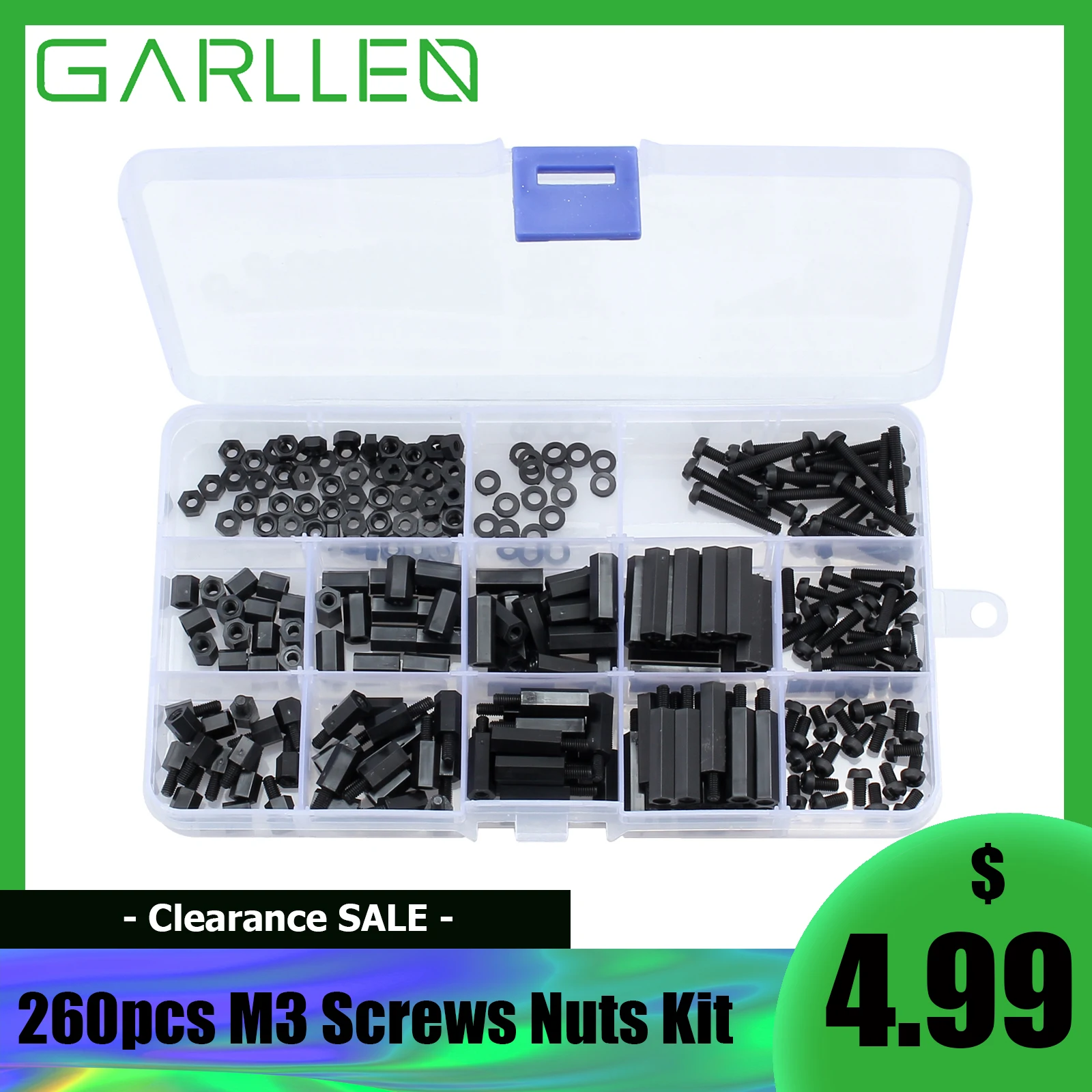 GARLLEN 260pcs M3 Hex Socket Screw Set Nylon Plastic Flat Round Cap Head Screws Bolts and Nuts Assortment Kit with Storage Box