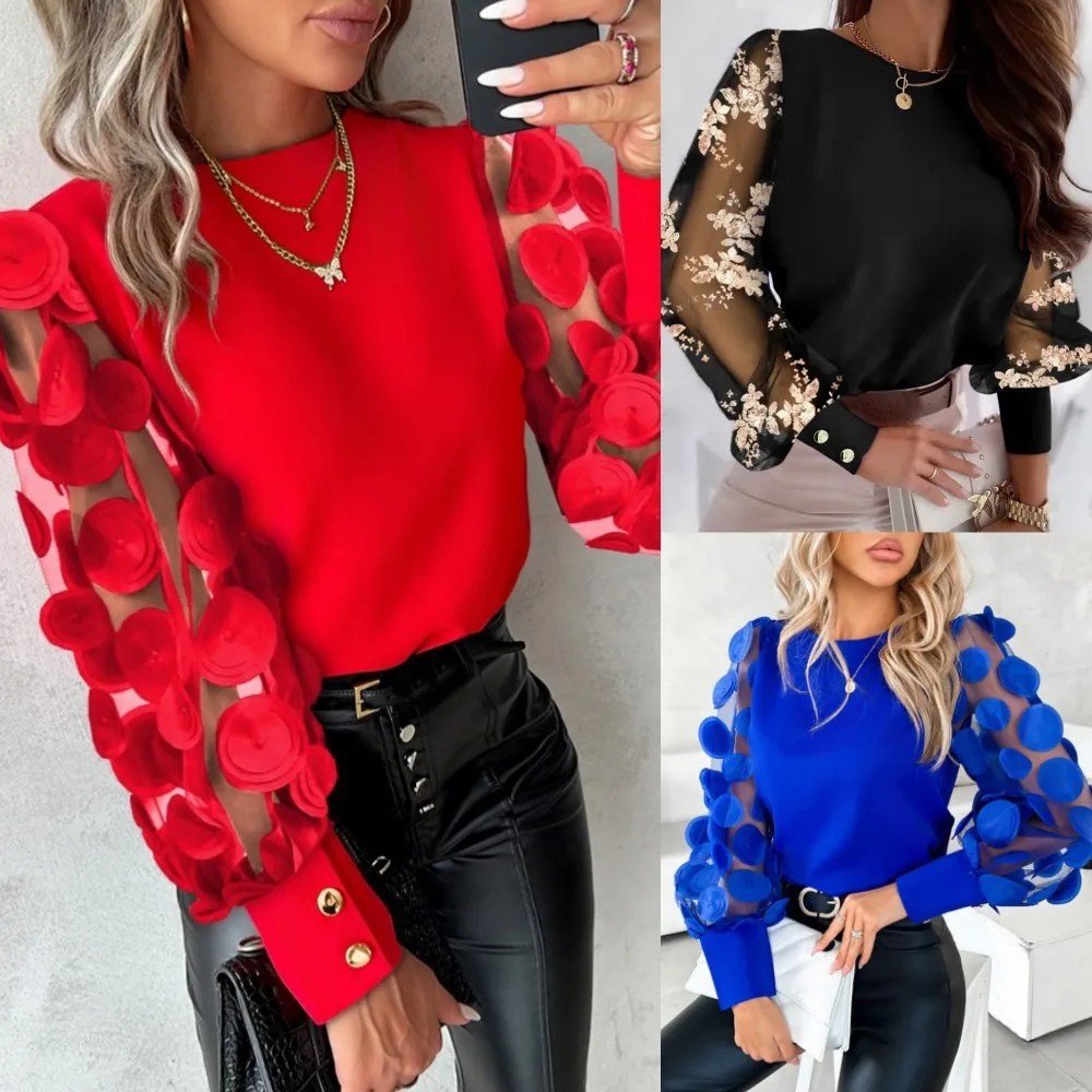 Fashion Women\'s Blouse Autumn Spring New Casual Simple O-Neck Red Lace Floral Sheer Mesh Patchwork Top Shirts For Women Pullover