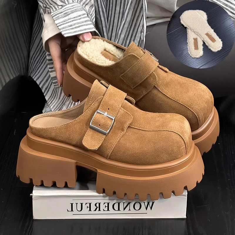 Winter Warm Ronde Kop Suede Cover Teen Platform Slippers Dames Gesp Decoratie Comfor Anti Slip Dikke Zolen Schoen