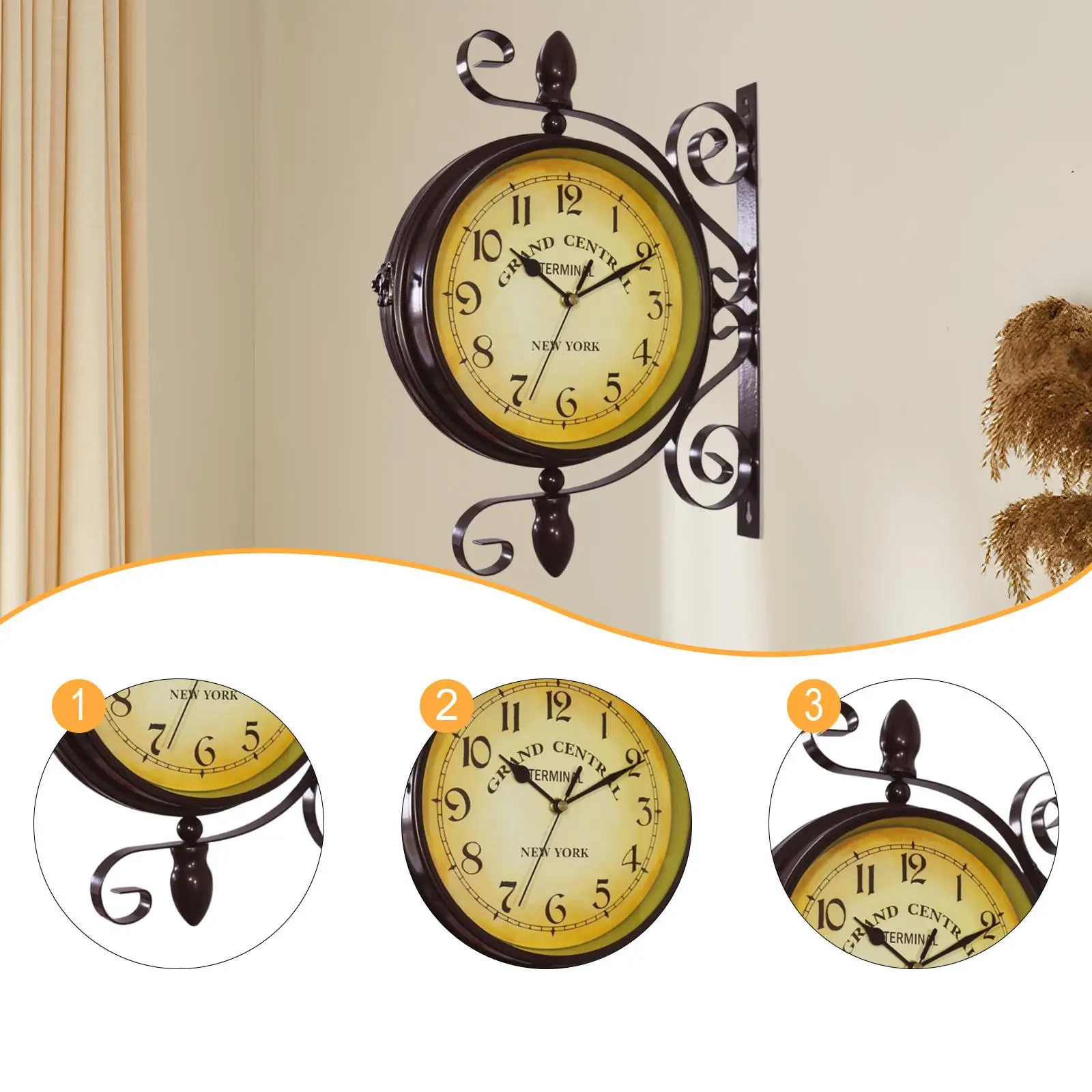 

Double Sided Wall Hanging Clock Iron Art Vintage Antique Style Decorative Clock Ornament for Bar Patio Bedroom Indoor Home Decor