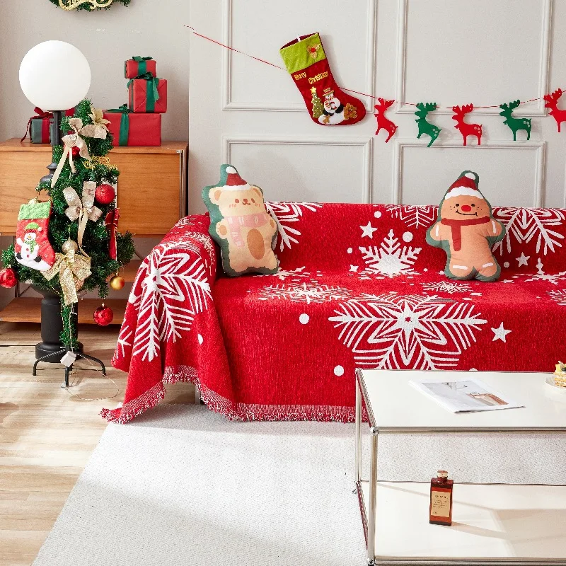 

Christmas Red Sofa Blanket Nordic Tassels Throw Towel Four Season Sofa Cover Dustproof Anti-scratch Couch Covers Furniture Cover