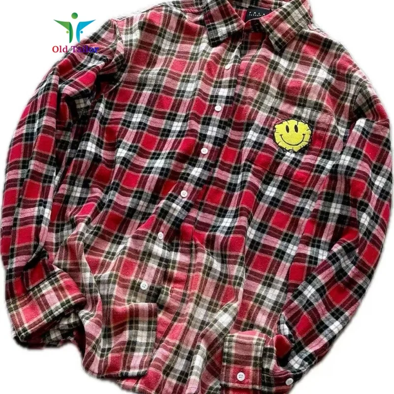 Red Plaid 25SSFalse Perception Embroidered Logo Four Seasons Long Sleeve Shirt Men's Women's Casual Loose Tops