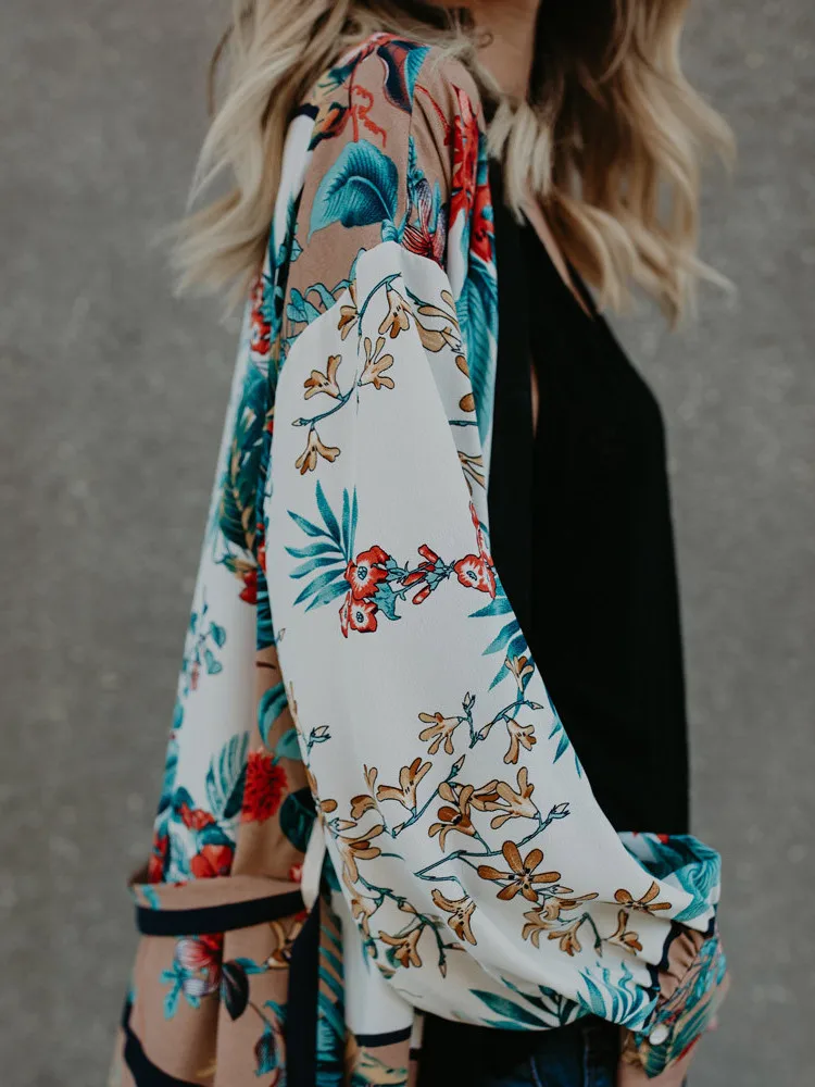 BOHO Floral Print Long Kimono Shirt Hippie Women Tie Bow Sashes Long Cardigan Loose Beach Bikini Cover Up Blouse Tops Holiday