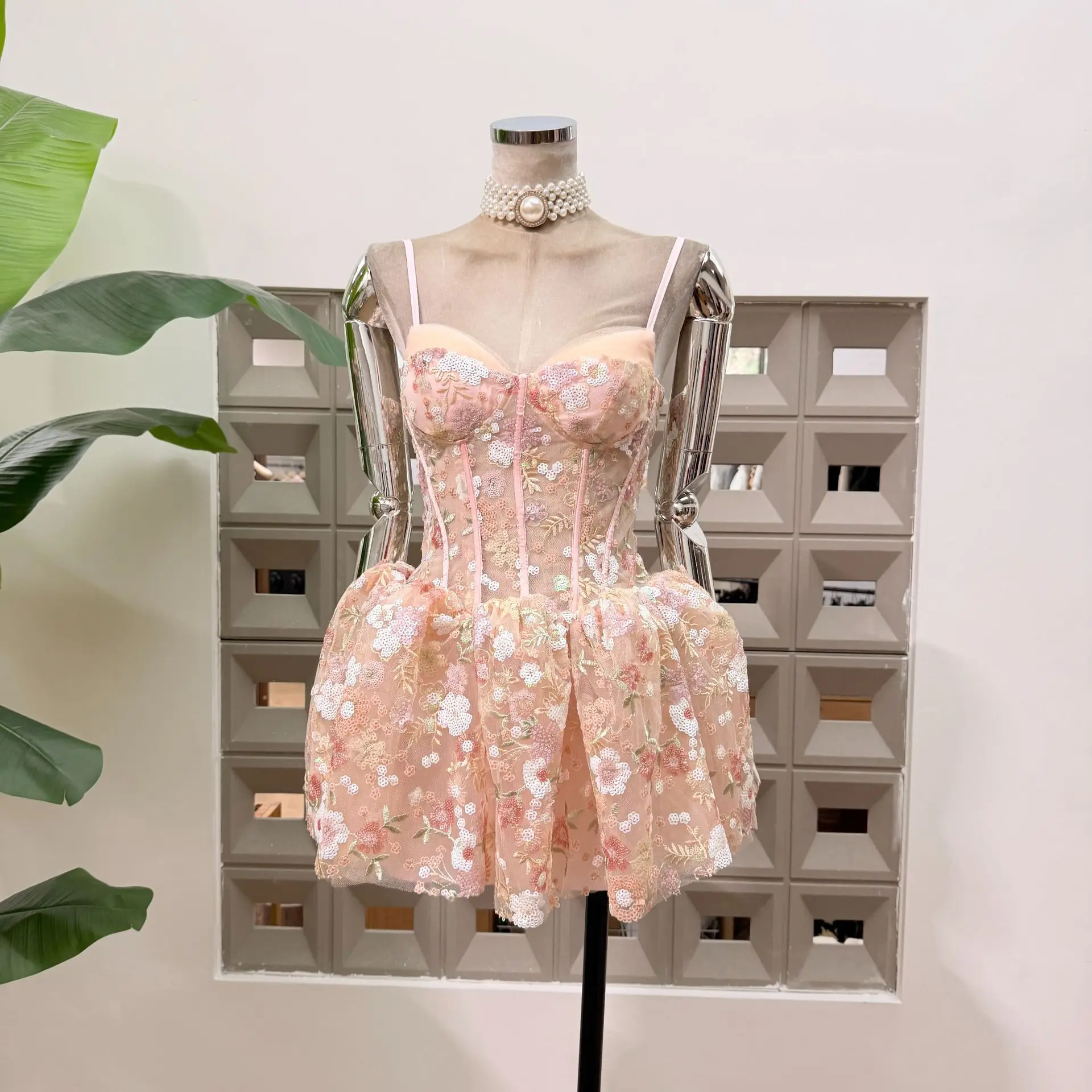 Fashion Sequin Floral Embroidery Corset Mini Dress Women's Spaghetti Strap Dresses For Woman Birthday Banquet vestido femininos