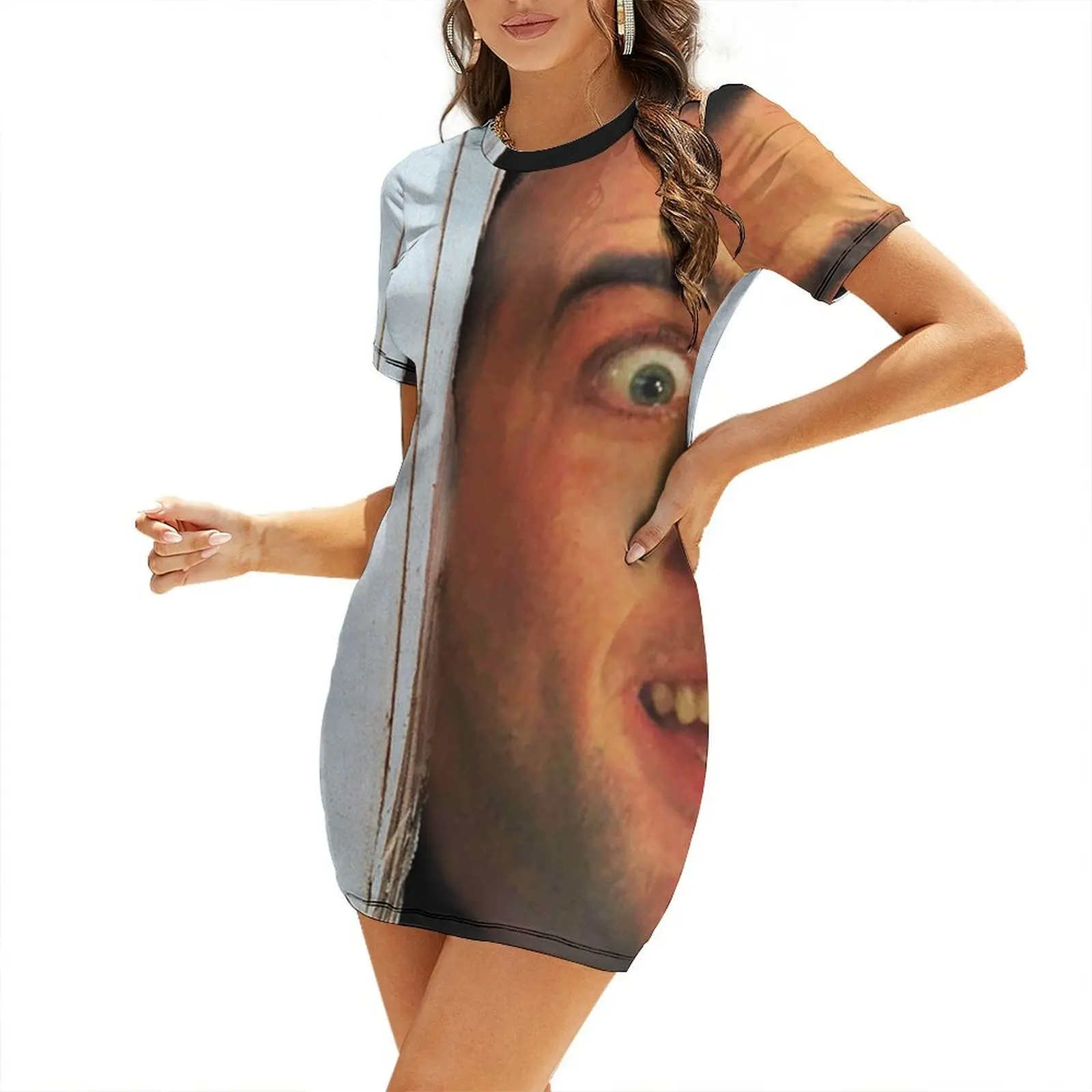 Nicolas Cage, shining, here's Johnny scene, funny meme Short Sleeved Dress Casual dresses Dress for pregnant women