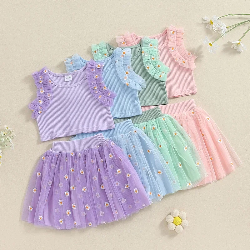 

0-4Y Kids Girls Summer Lace Skirt Sets Sleeveless Ribbed Tops Daisy Tulle Tutu Mesh Skirts Princess Outfits Toddler Clothes Set