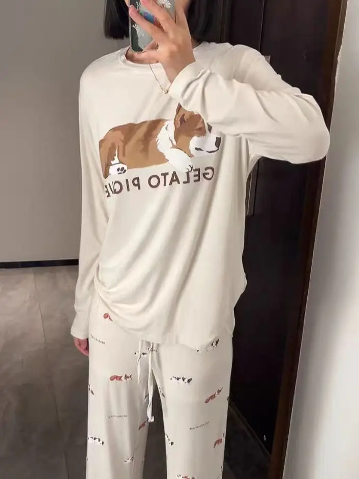 Soft Modal Dog Cartoon Home Clothes Set Long Sleeve Thin Ladies Suit Autumnal Comfortable Sleepwear Straight Leg Pants