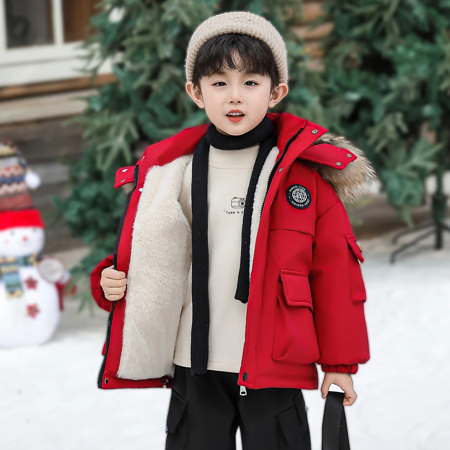 

Boys' Winter Puffer Jaet White Du down Warm Real Fur Collar Faionable Youth Outerwear Korean Sle Thiened Long Sve