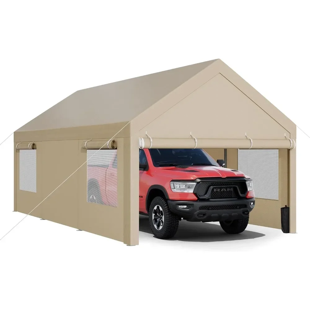 

12x20 FT Heavy Duty Carport Reinforced Steel Poles with Removable Sidewalls & Doors, Roll-up Windows Car Canopy with Sandbags