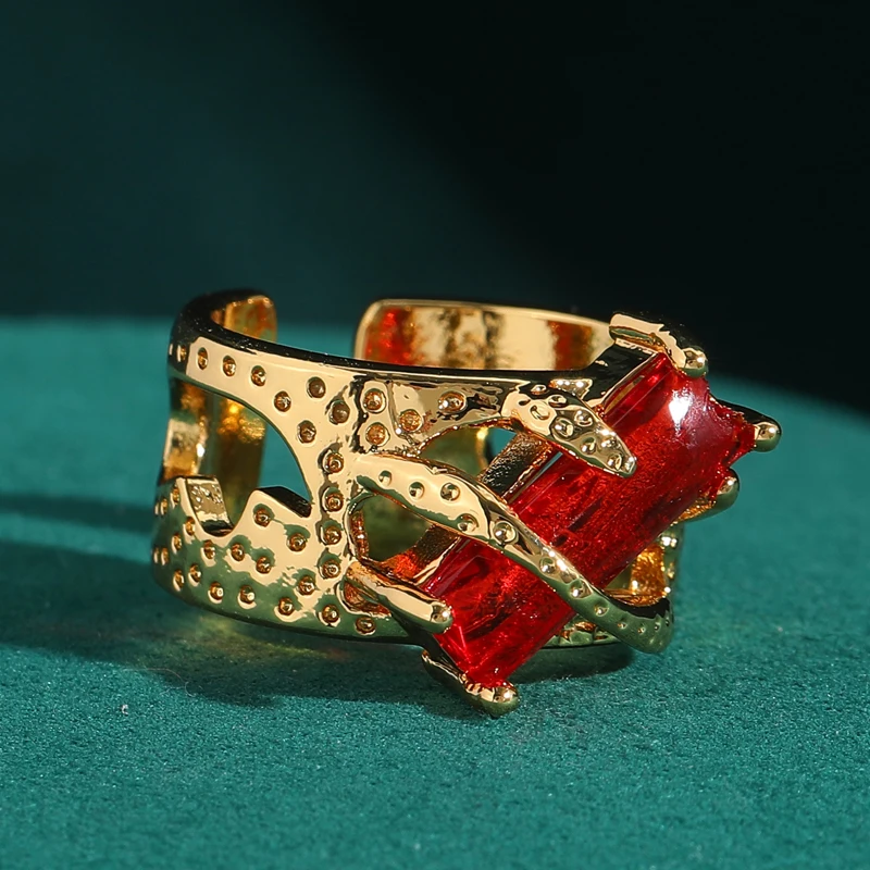 

Vintage Large Rings Woman Fashion Rectangular Red Crystal Gold Color Open Luxury Quality Accessories Trends 2025 New