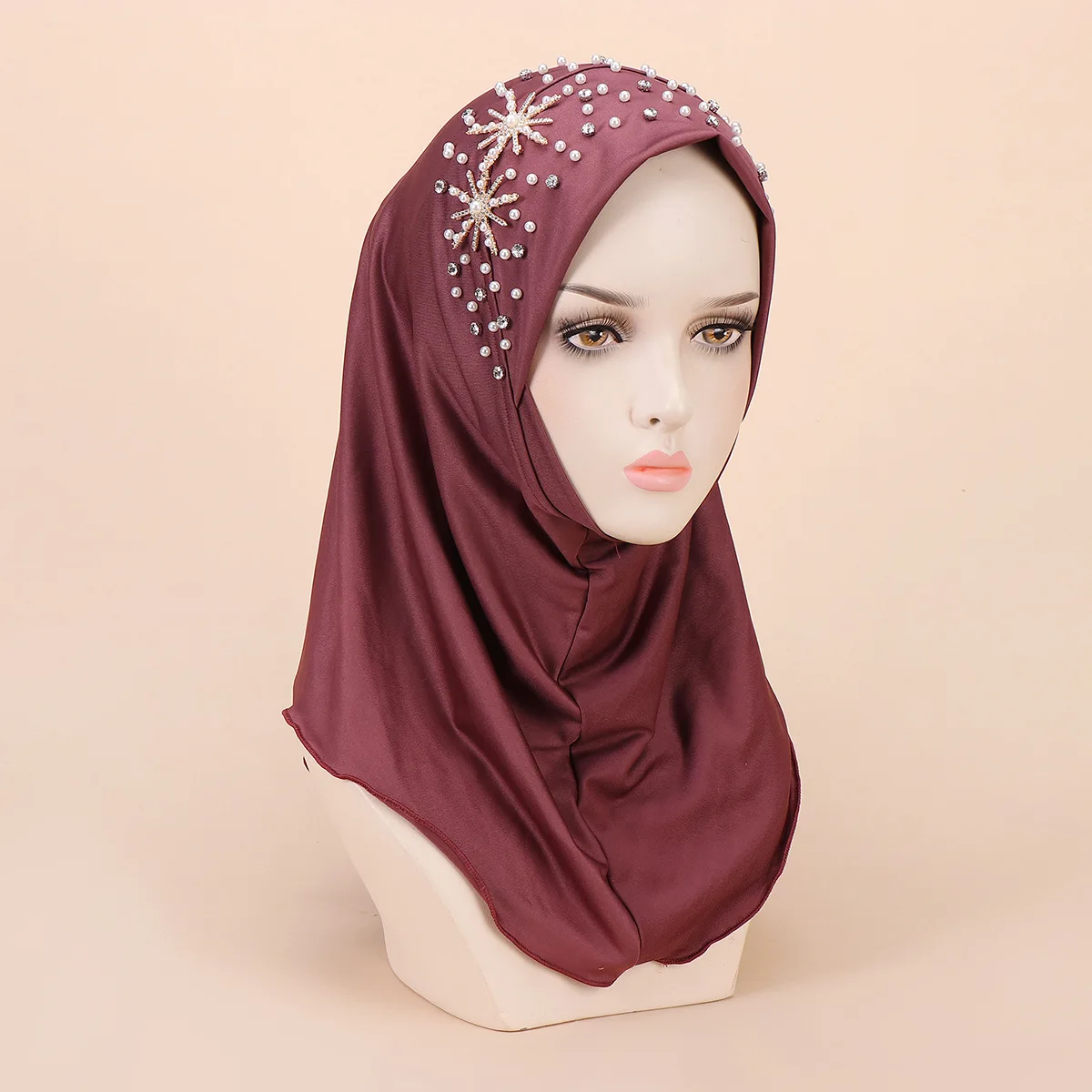 2024 Summer Muslim Clothing Middle Eastern Hijab Solid Color Beads Comfortable Breathable Pullover Hijab