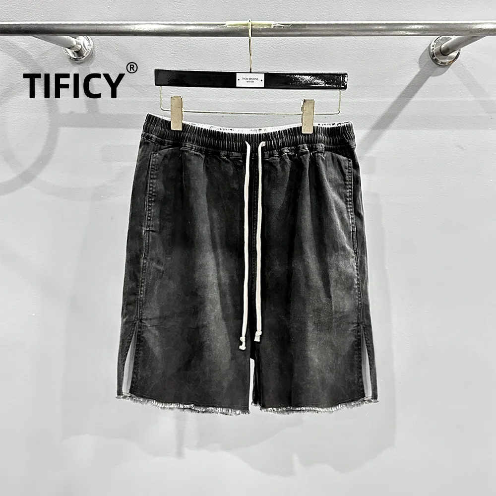 

TIFICY Elastic Waist Men's Coated Drawstring Denim Cotton High Street Washed Rough Edge Loose Casual Five Part Summer Shorts