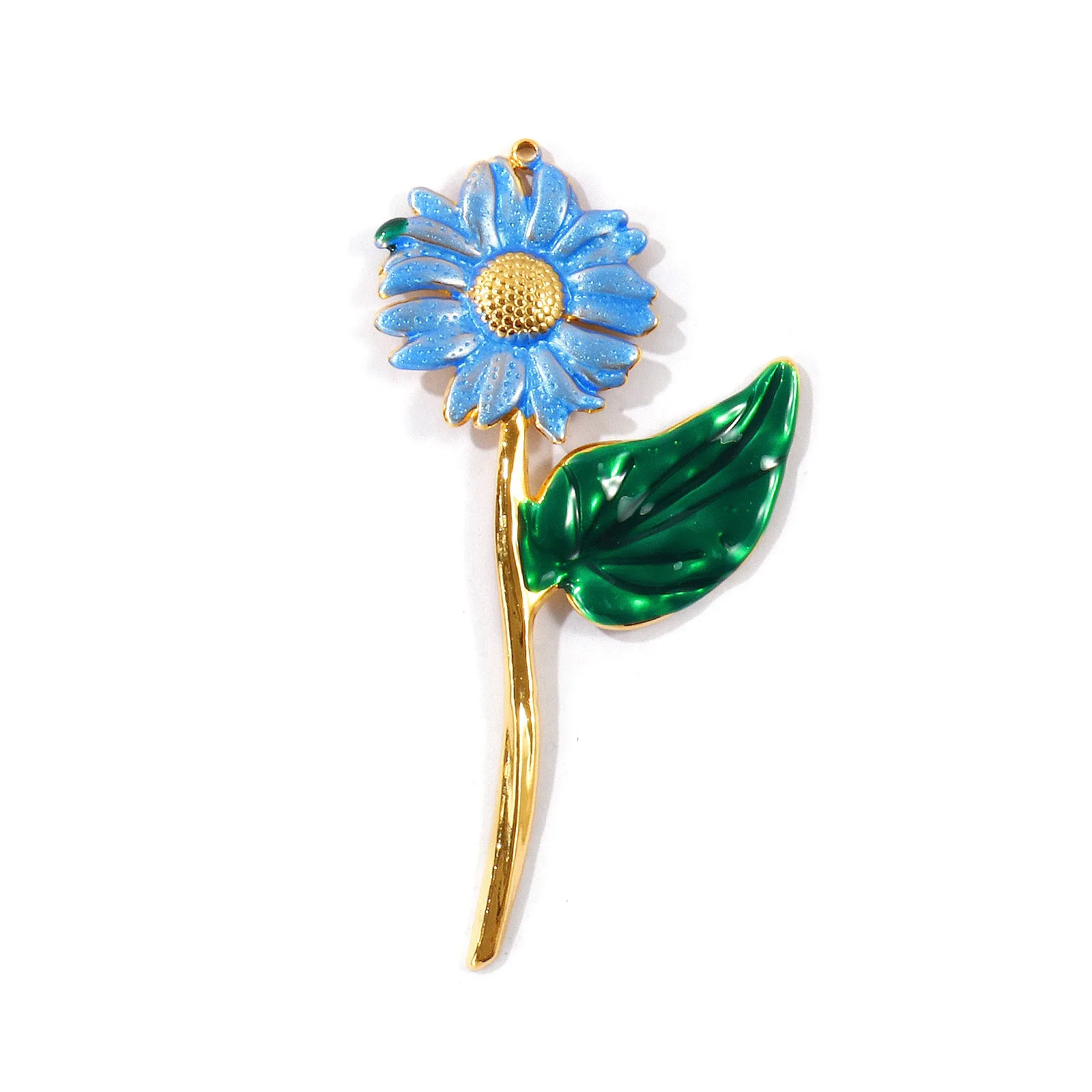 1 Stück Emaille-Gänseblümchen-Stiel-Anhänger aus 304 Edelstahl, 18K vergoldet, grünes Blatt, DIY-Halskette, Schmuckherstellung, Großhandel – Detail 3