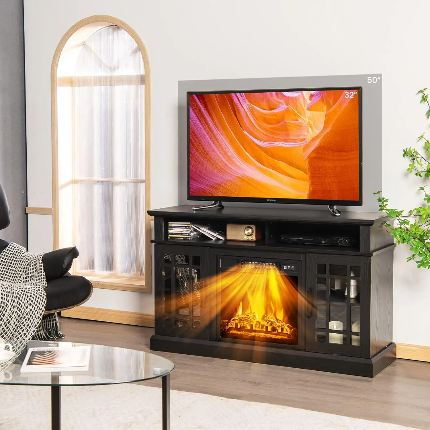 Electric Fireplace TV Stand Console with Cabinets & Doors 48