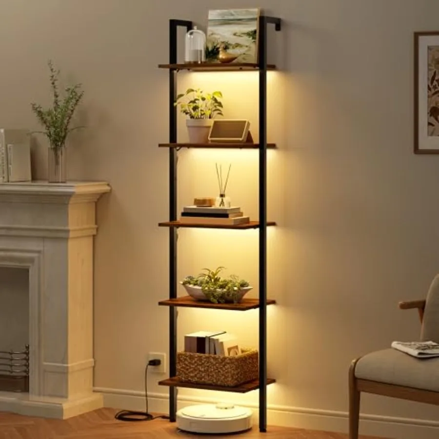 

5-ярусная настенная лестничная полка с LED-подсветкой, металлическая стойка-стеллаж для книг для гостиной и спальни