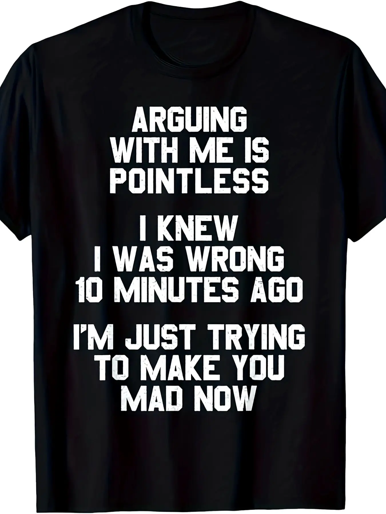 ARGING WITH ME IS POINTLESS I KNEW I WAS WRONG 10 MINUTES AGO I'M JUST TRYING TO MAKE YOU MAD NOW Men's Plus Size T-Shirt - Funny Casual Crew Neck Black Tee with Bold Text for Humorous Style
