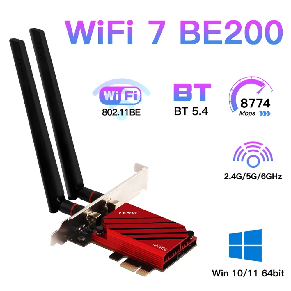 FENVI WiFi 7 FV-BE8800 PCI-E Wifi Wireless Adapter Bluteooth 5.4 Tri Band 2.4G/5G/6GHz 802.11be Network 8774Mbps For Desktop/PC