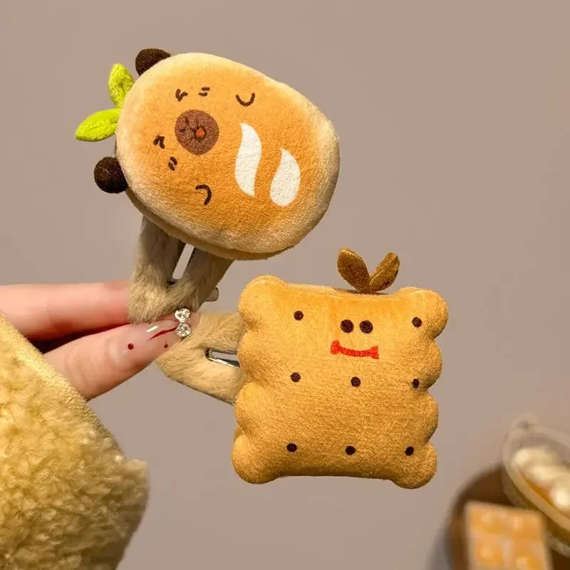 Cartoon Animation Cute Fun Biscuit Burger Plush Hairpin Female Side Bangs Broken  Autumn and Winter