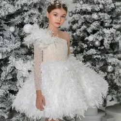 Vestido blanco árabe de lujo para niña, plumas, un hombro, Dubái, Princesa, cumpleaños, boda, fiesta, J394, 2024