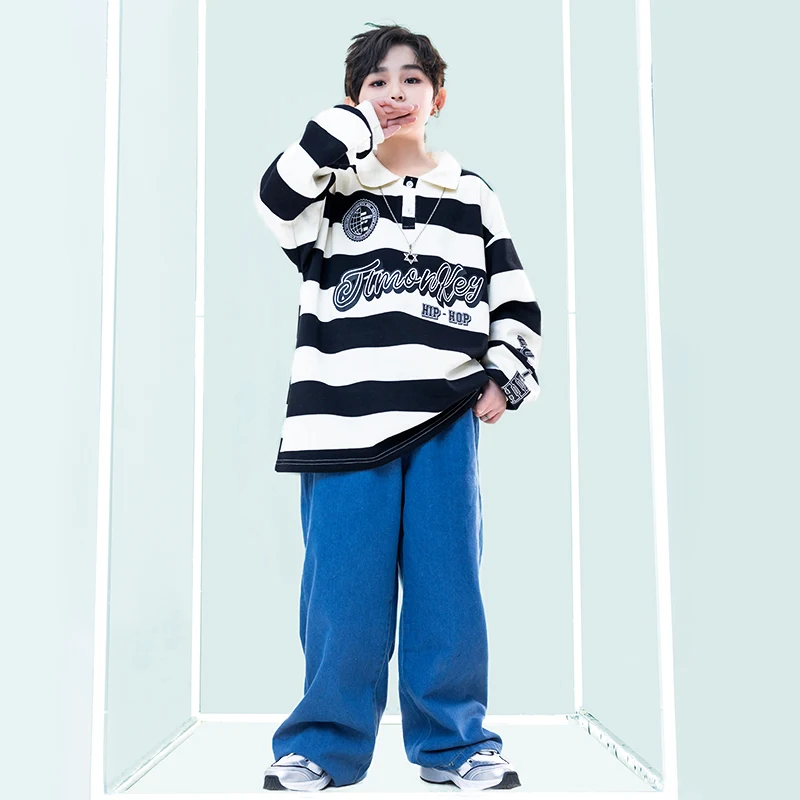 Kids Hip Hop Clothing Street Outfits Stripe Sweatshirt Casual Denim Baggy Cargo Pants for Girl Jazz Dancewear Costumes Clothes