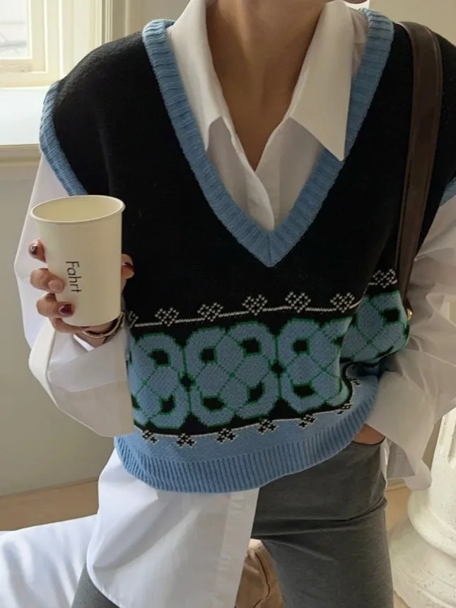 

Chic Autumnal Vintage Loose Long Sve irt Color Blo Knitted Vest Two Piece Set Ele Loose Fit irt And Vest Combo