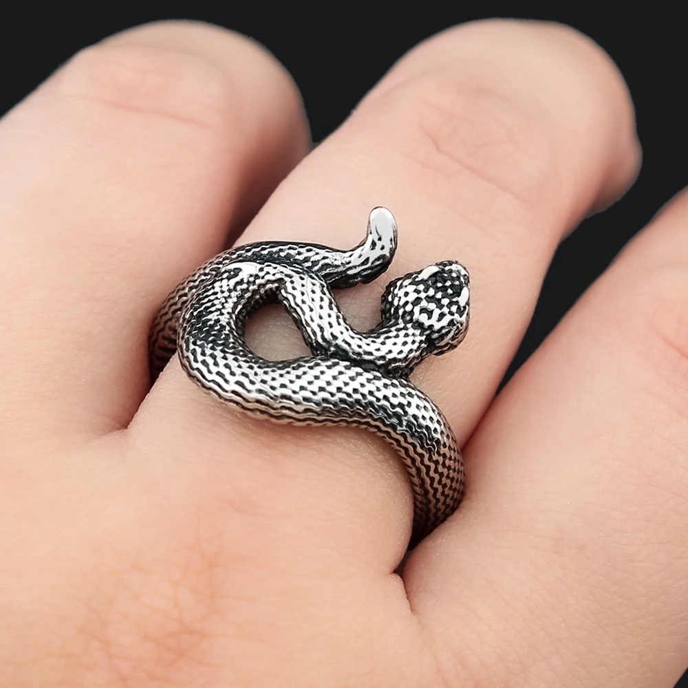 Punk Hip Hop Simple Stainless Steel Snake Rings For Men Women Fashion Animal Snake Sliver Color Couple Ring Party Jewelry Gifts - view 6
