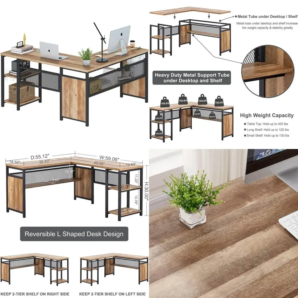 

Industrial Rustic Oak L-Shaped Desk with Metal Legs, Corner Home Office Wood Shelf Desk, 59