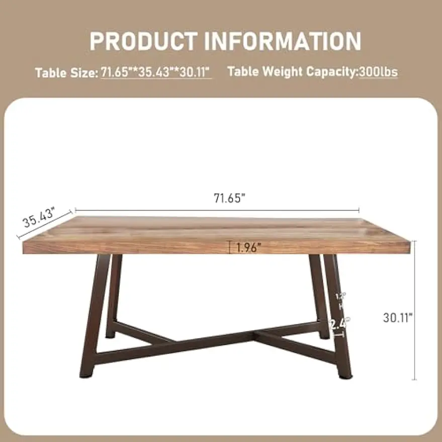 72 inch Rectangular Solid Wood Dining Table for 4 5 6 People, Rustic Large Brown Kitchen Dinner Tables w/Adjustable Metal Leg