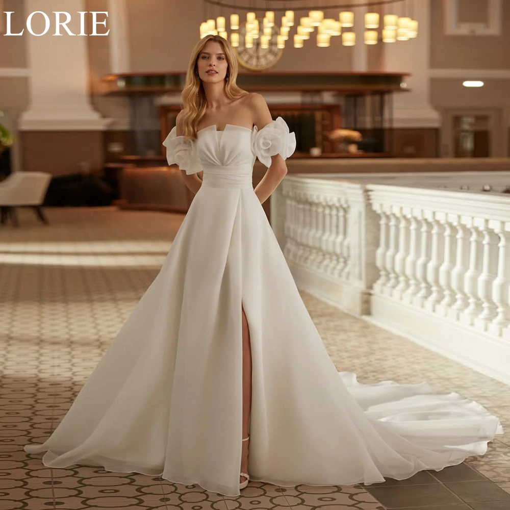 

LORIE Elegant Satin Wedding Dresses A-Line Strapless Side Slit Pleated Puff Sleeves Bride Prom Gown 2025 Bridal Gowns Customized