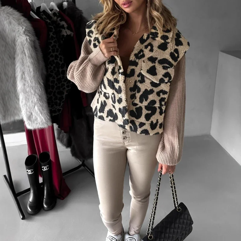 

2025 European and American Autumn and Winter Women's Vest New Leopard Print Single-breasted Fashion Plush Ultra Short Vest