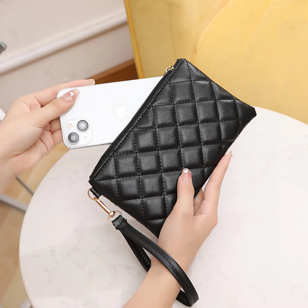 Solid Color Pu Leather Long Wallet Women Portable Wrist Bag Large Capacity Clutch Zipper Coin Purse Business Card Holder Handbag