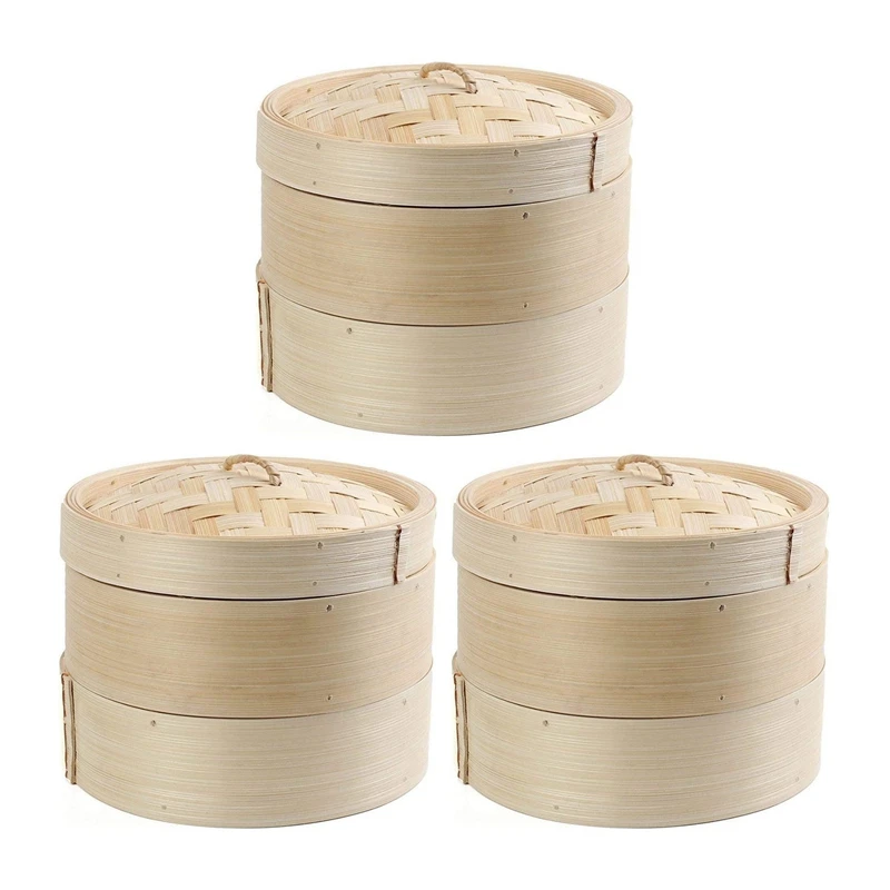 HOT SALE 3Set Bamboo Steamer 2 Tier 8 Inch Dim Sum Basket Rice Pasta Cooker Set With Lid By Steam Basket For Vegetables