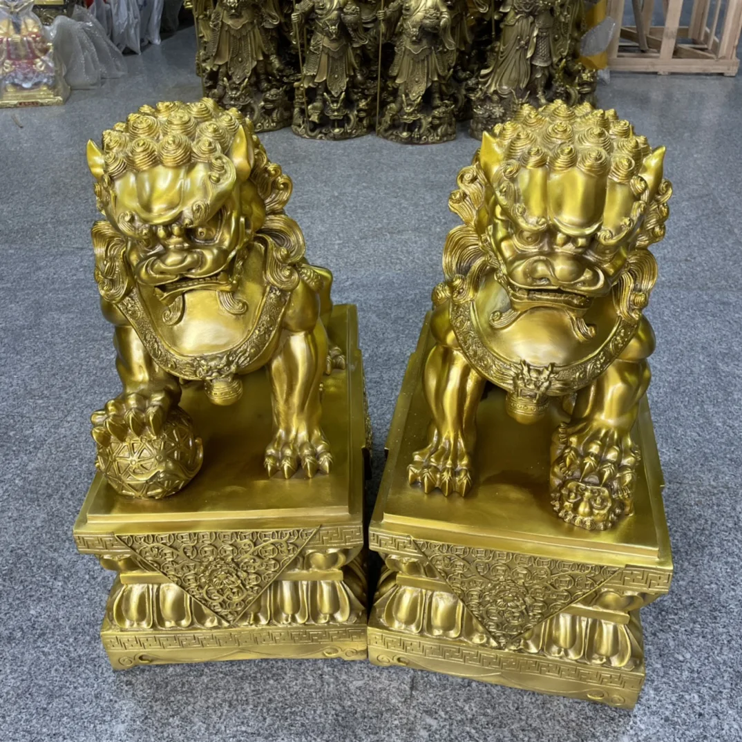 

23"Tibetan Temple Collection Old Brass Lion Statue Door God Lion A Pair Mythical Animals Gather wealth Ornaments Town house