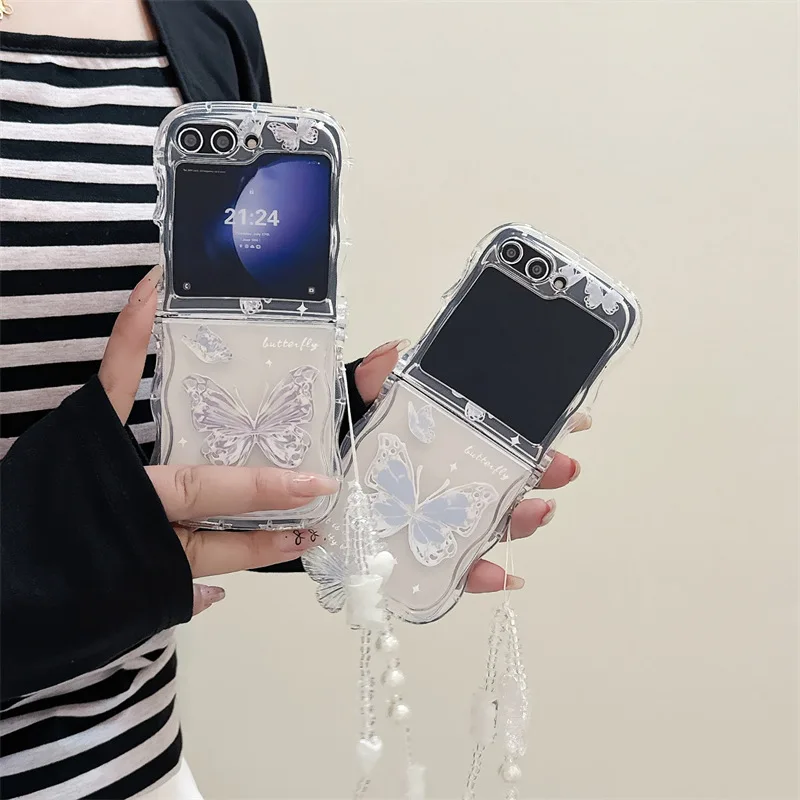 

Blue Butterfly Transparent Phone Case For Samsung Galaxy Z Flip 7 6 5 4 Protective Back Cover For ZFlip5 ZFlip6 ZFlip7 Case