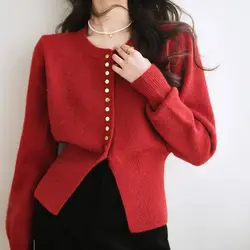 French Vintage Knitted Cardigan for Women Autumn Winter Long Sleeve Gold Buttons Basic Tops Female Christmas Red Sweater