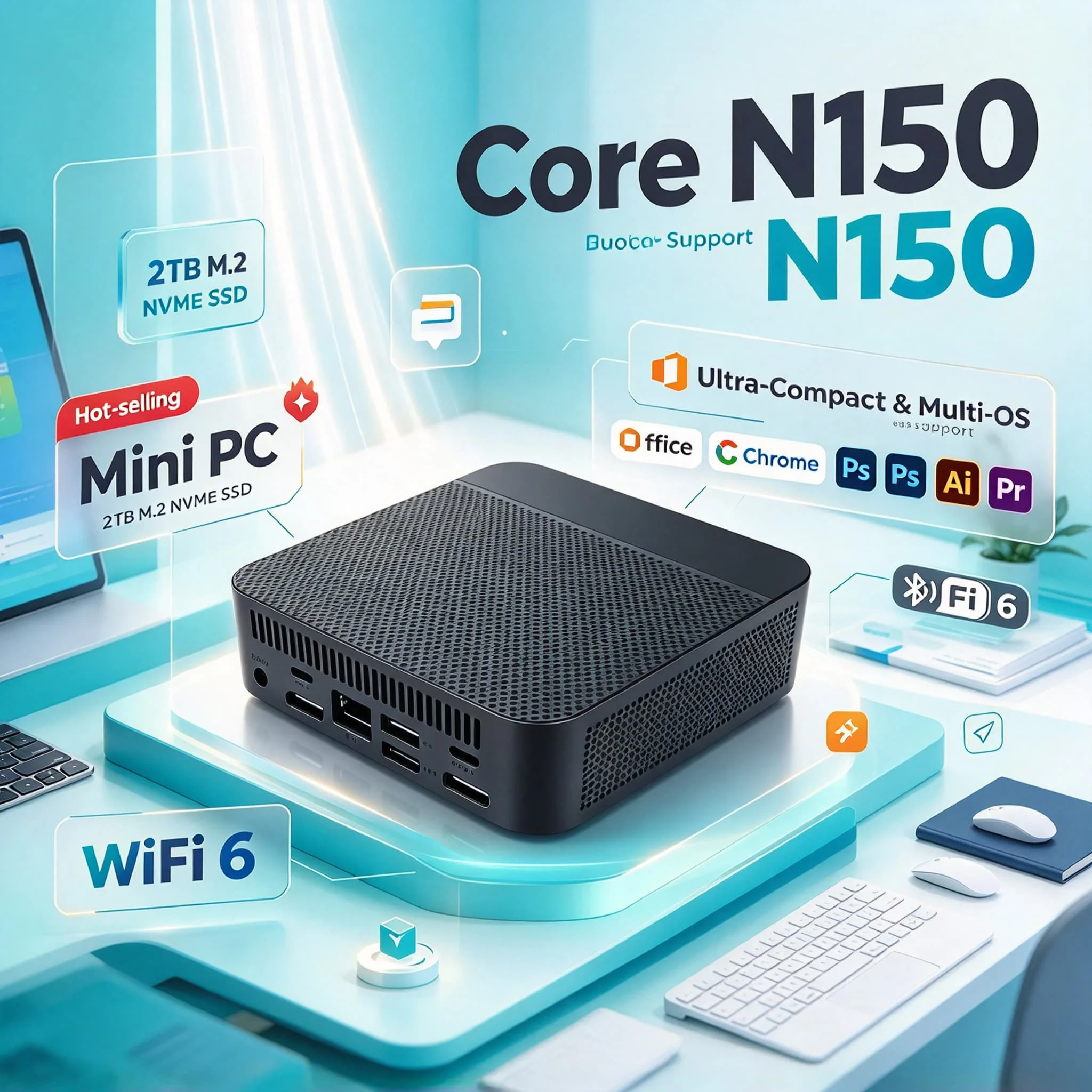 Triple 4K Output Pro Ultra Fast Max System Intel N150 Mini PC 16GB M.2 NVMe SSD WiFi6 Silent Cooling Office Home Desktop