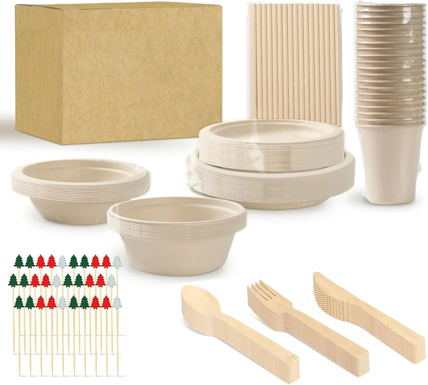 

200pcs Compostable Paper Set Eco-friendly Heavy-duty Disposable Plates Cutlery Utensils, Bamboo Plates Bowls Forks Knive