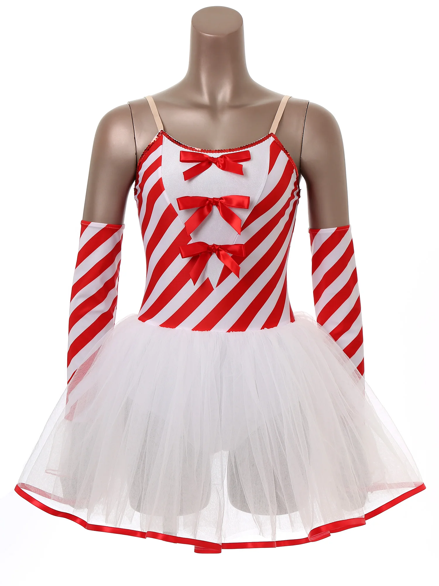 Christmas Womens Candy Cane Tutu Dress with Gloves Spaghetti Straps Bow Striped Tulle Sling Dresses Xmas Costumes Dress-up Party