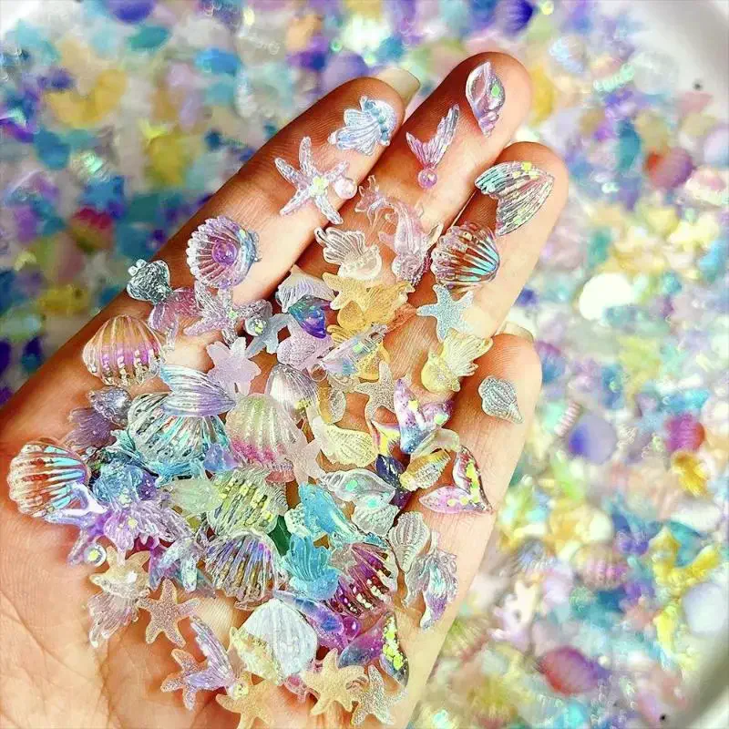 3D Conch Shell Nail Charms Colorful Jellyfish Ocean Resin Translucent DIY Nail Art Decorations 50PCS